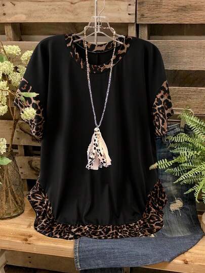 Linhara 女款加大码豹纹拼接圆领休闲短袖T恤