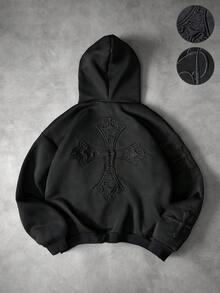 PAVTROS 男士街头风流行INS同款3D十字刺绣卫衣，日常穿着，男友/老公礼物，周年纪念礼物，黑色重磅水洗连帽衫 - 黑色 - 查看 1