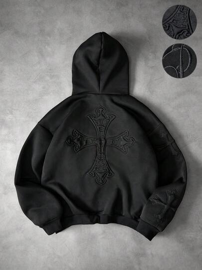 PAVTROS Men's Street Style Popular INS Same Style 3D Cross Embroidery Sweatshirt, Daily Wear, Boyfriend/Husband Gift, Anniversary Gift, Black Heavy Washed Hoodie