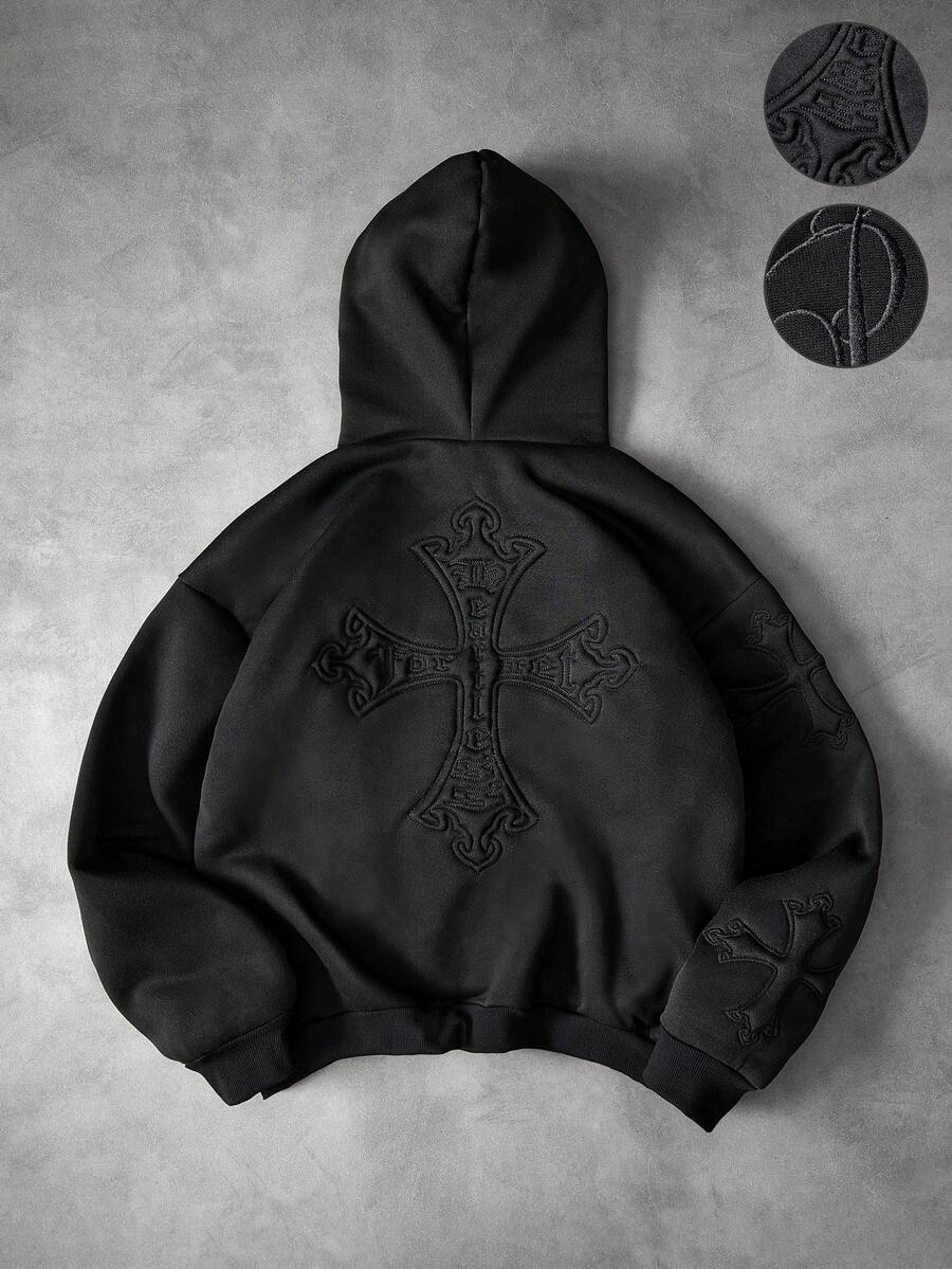 PAVTROS 男士街头风流行INS同款3D十字刺绣卫衣，日常穿着，男友/老公礼物，周年纪念礼物，黑色重磅水洗连帽衫 - 黑色 - 查看 1