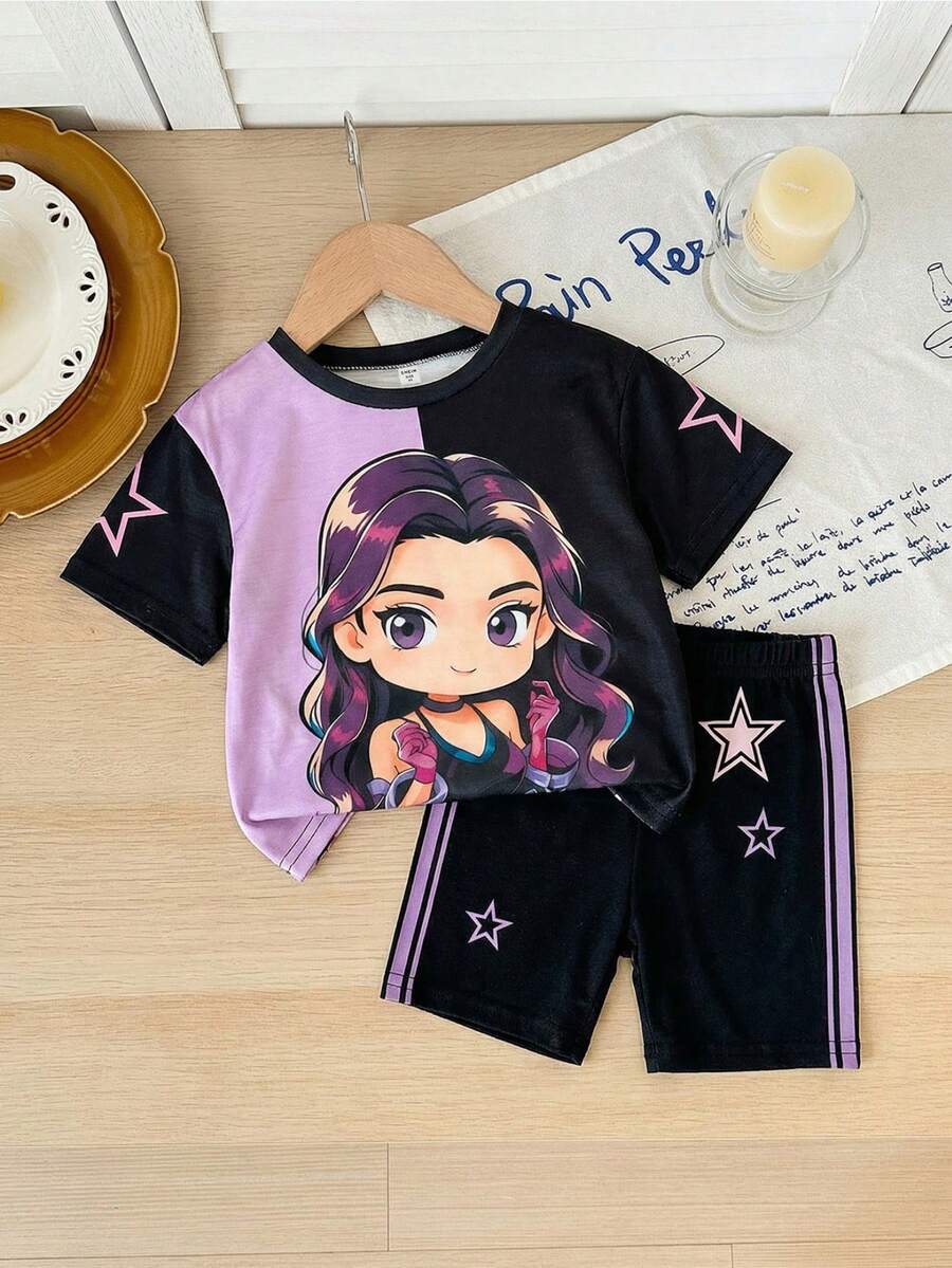 SHEIN 2pcs Baby Girl Knitted Crew Neck Cute Girl Pattern Casual T-Shirt And Shorts Set - Multicolor - View 1