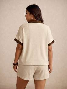 Elaquor Plus Size Contrast Color Short Sleeve Top & Solid Shorts 2 Pieces Set - Apricot - View 5