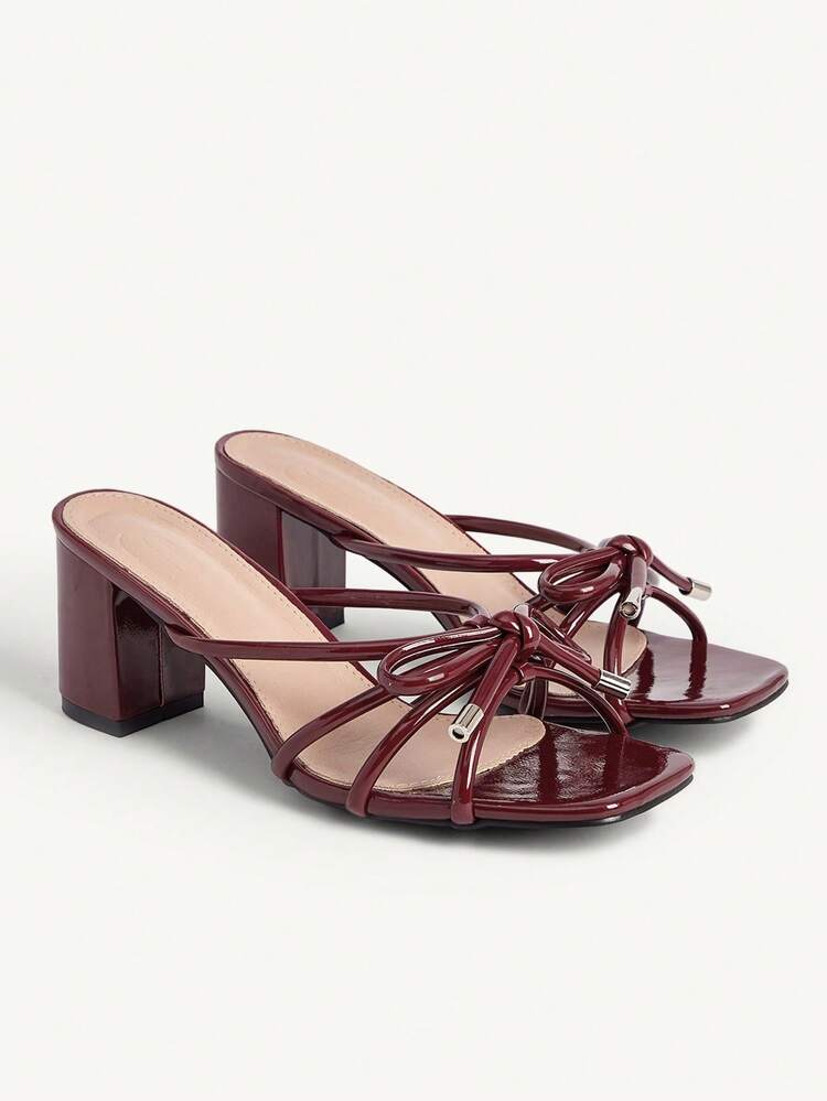 CUCCOO CHICEST Women's Square Toe Chunky Heel Slip-On Sandals With Bow Decor, PU Leather, Fashionable, Comfortable, Casual Outdoor Daily Wear Elegant Shoes Wedding Shoes