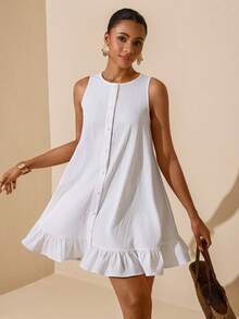 Vesra Vestido corto de mujer de línea A, sin mangas, holgado, con volantes en el bajo - Blanco - Ver 3