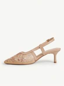 CUCCOO CHICEST Women's Embroidered Mesh Beaded Square Toe Mid-Heel Slip-On Pumps, Elegant Party Wear Stilettos - Apricot - View 4