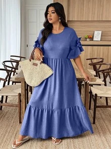 Weeklong Plus Size Casual Solid Color Bow Decor Dress - Blue - View 4