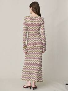 Nöista Long-Sleeved Midi Knit Dress Features A Round Neckline, Flared Hem. Soft Fabric Knit Transparency. Woman, Spring , Summer. - Multicolor - View 2