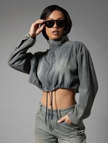 Denimoi Elastic Waist Toggle High Neck Zip Front Cropped Denim Jacket - Medium Wash - View 3