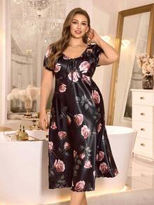 MuseNap CURVE Áo ngủ cỡ lớn bằng satin in hoa hồng, cổ chữ V, thắt nơ. - màu đen - Xem 5