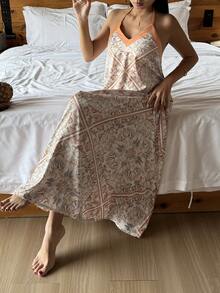 DAZY 印花缎面滚边系带露背长裙，女士夏季度假款 - 橘色 - 查看 4