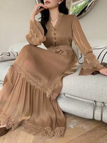 DAZY Đầm ren dáng rộng phối nhiều mảnh dành cho nữ, chân váy xòe, màu vàng kim. - Nhiều màu - Xem 1
