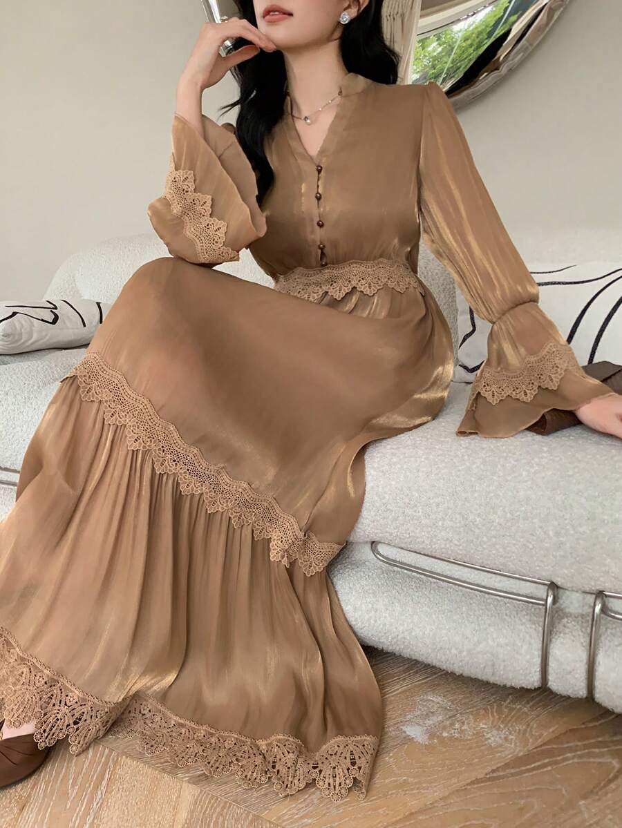 DAZY Đầm ren dáng rộng phối nhiều mảnh dành cho nữ, chân váy xòe, màu vàng kim. - Nhiều màu - Xem 1