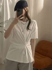 DAZY Women's White Round Neck Loose Fit Casual T-Shirt - White - View 4