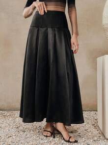 Anewsta 优雅休闲宽松高腰A字褶裥黑色女式半身裙 - 黑色 - 查看 5