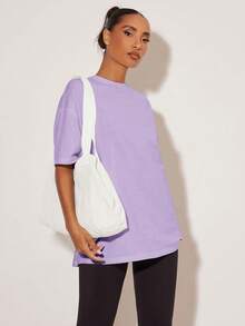 SHEIN BASICS 女款素色圓領落肩休閒寬鬆T恤夏季上衣 - 淡紫色 - 查看 4
