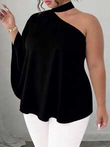 SHEIN CURVE+ Plus Size Elegant Solid Color Asymmetric Collar Blouse, Summer One Shoulder Top Plus Asymmetrical Top Plus One Shoulder Blouse Plus Size Black Tops One Sleeve Top - Black - View 3