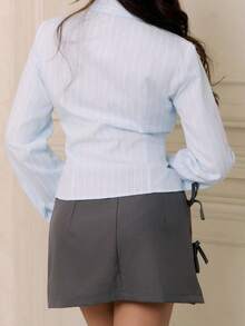Criza Taa Tailored Button Through Pinstripe Fitted Long Sleeve Shirt Business Casual Airport Cute Beach Fall Back To School Fall Autumn Winter ,Elegant - Baby Blue - View 2