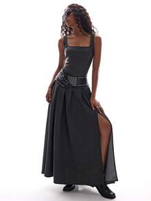 Aveloria GENKIRA Grey Square Neck Waist Splicing Pleated Hem Sleeveless Dress, Minimalist French Elegant Casual Academic Chic Versatile Dress - Dark Grey - View 1