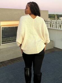 Tyla Gomez Women's Crossed Deep V-Neck Loose Elegant Minimal Sweater,Long Sleeve Tops, Fall And Winter, Casual, White, Longsleeve, Baggy,Knitted Sweater - Apricot - View 2