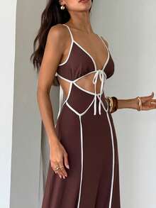 Aloruh Women's New Contrast Color Tie-Up Vacation Dress, Brown And White, Spring/Summer - Multicolor - View 5