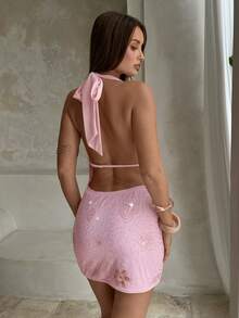 Aloruh Đầm ngắn dáng chữ A màu hồng xếp ly, cổ yếm, hở lưng, đính cườm và sequin, thích hợp cho các bữa tiệc mùa xuân/hè. - Màu Hồng baby - Xem 3