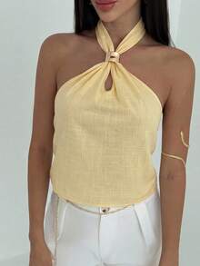 Aloruh Áo tank top cotton tối giản, gợi cảm, hở lưng, buộc dây xoắn, ôm sát dành cho nữ. - Màu vàng - Xem 6