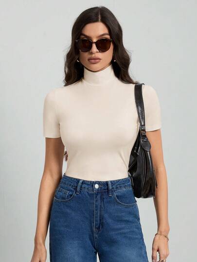 SHEIN Tall Women's Solid Color Basic Black Turtleneck Short-Sleeved T-Shirt