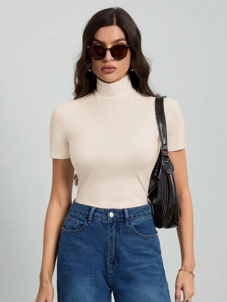 SHEIN Tall 女士纯色基础款黑色高领短袖T恤 - 杏色 - 查看 1