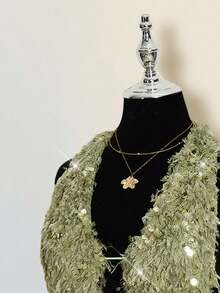SHEIN ICON 女士米色蓬松生日闪亮派对性感亮片露背吊带上衣和迷你裙两件套，夏季 - 橄欖綠 - 查看 4
