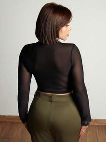 Lupita Cardoza Long Sleeve Mesh Black Sheer Top - Black - View 2