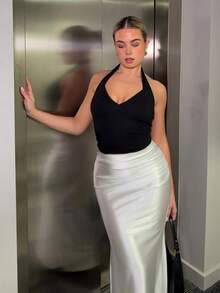 Bethéva Chân váy đuôi cá xếp ly màu trắng cho nữ, thanh lịch - trắng - Xem 5