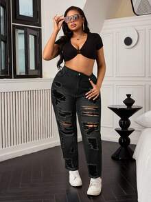 SHEIN SXY Plus Size Distressed Loose Mom Jeans - Black - View 6