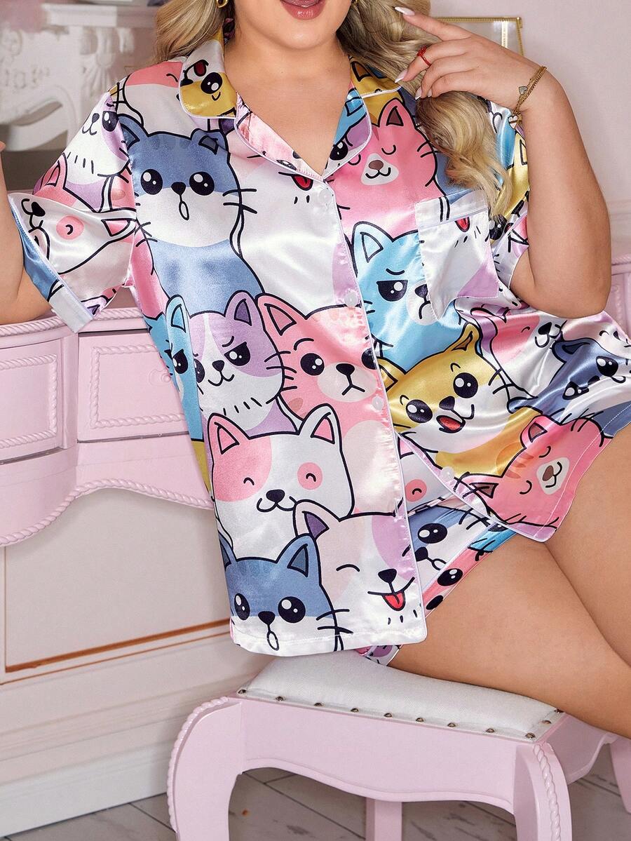 Slumberry CURVE Bộ đồ ngủ nữ cỡ lớn in hình mèo hoạt hình dễ thương phong cách Y2K, áo khoác cardigan cổ bẻ, bộ đồ ngủ cỡ lớn cho nữ, bộ đồ ngủ in hình mèo, bộ đồ ngủ tay ngắn, bộ đồ ngủ satin, bộ đồ ngủ cỡ lớn cho nữ. - Nhiều màu - Xem 1