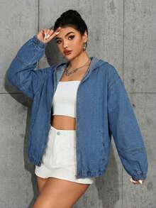 Jeanoix 女士休闲水洗牛仔连帽夹克 - 淺色水洗藍 - 查看 1