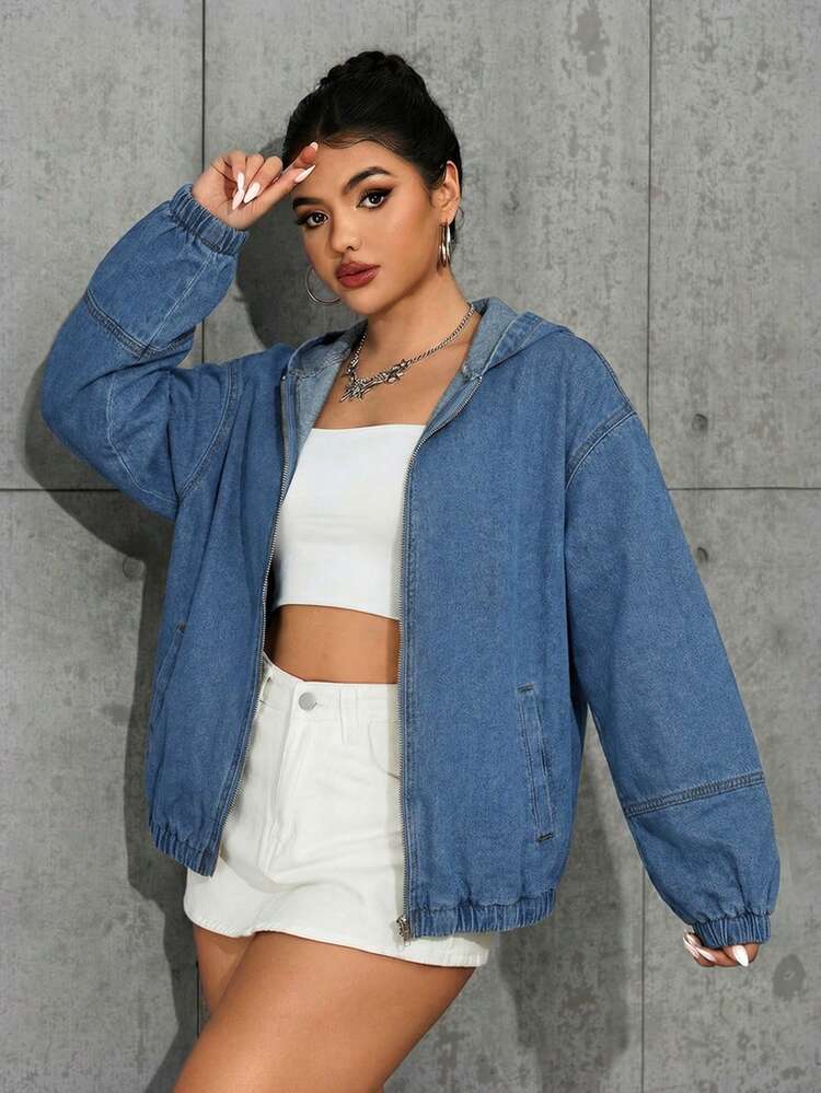 Jeanoix Chaqueta con capucha de mezclilla lavada casual para mujer - Lavado ligero - Añade 1