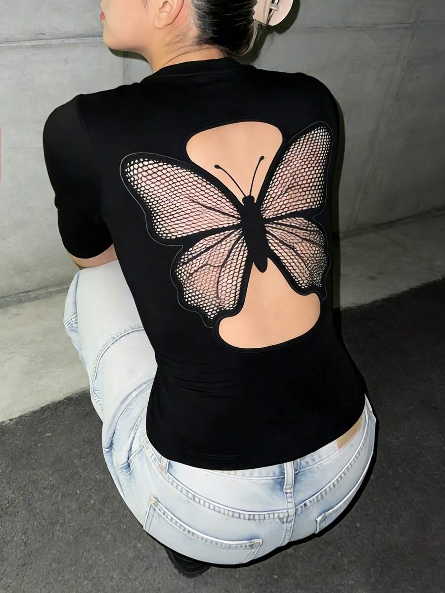 INAWLY Sweet & Spicy Style Cool Girl Backless T-Shirt, Butterfly Backless Design - Black - View 1