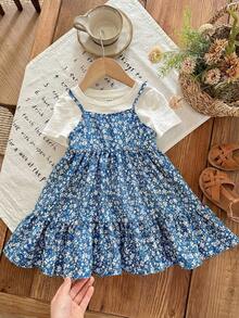 SHEIN LMoss Kids 女婴夏季可爱碎花吊带连衣裙和短袖针织上衣套装 - 彩色 - 查看 1