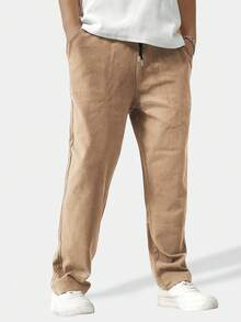 Manfinity Homme 男士宽松纯色抽绳腰直筒裤 - 卡其色 - 查看 3