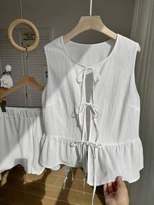 SHEIN EZwear 大尺碼女款純棉兩件套，白色紅白格紋繫帶前襟三蝴蝶結上衣與短褲，夏季海灘度假居家休閒套裝 - 白色 - 查看 3