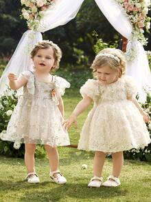 SHEIN Elegant & Cute Apricot Floral Mesh Short Sleeve Babygirl Dress A Loose And Adorable Stand-Up Collar 3D Flower And Rose Embroidery Net-Sheer Puffy-Sleeved Back Bow Dress For Girls, In Peach And Champagne Colors. Suitable For Weddings, Children's Floral Wear, And Birthday Parties  Elegant Cute Mesh Dress For Baby Girl Baby Girl Fluffy Dress Newborn Baby Girl Dress Luxury Baby Girl Dress Baby Girl Dress And Jacket Set Baby Girl Tulle Dress - Multicolor - View 8