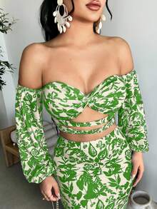 SHEIN SXY 女士印花露肩灯笼袖扭结设计短款性感上衣 - 綠色 - 查看 4