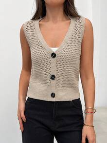 EURMUSE 镂空针织纽扣前襟无袖背心，轻盈透气的夏季钩针编织毛衣上衣，打造时尚休闲叠穿造型 - 駝色 - 查看 3