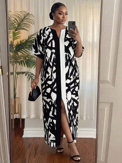 SHEIN Lady CURVE 大码时尚通勤全印花开衩下摆连衣裙