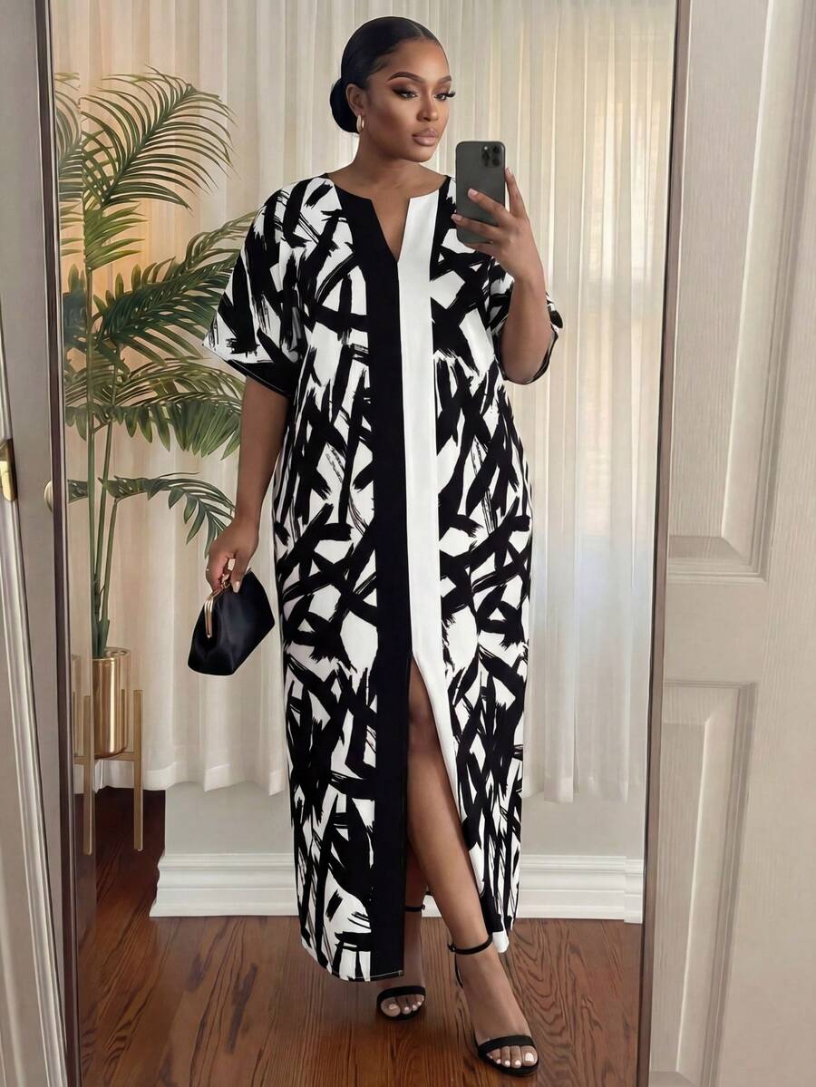 SHEIN Lady CURVE 大码时尚通勤全印花开衩下摆连衣裙