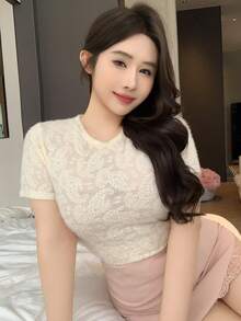 Dazy Plus Große Größen Sommer Lässig einfarbiges Cashew Blumen Jacquard Kurzarm T-Shirt - Aprikosenfarben - Übersicht 3