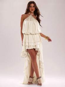 SHEIN BAE Vestido de verano elegante de unicolor para mujer, con escote halter sin espalda, parte delantera corta y parte trasera larga - Albaricoque - Ver 8