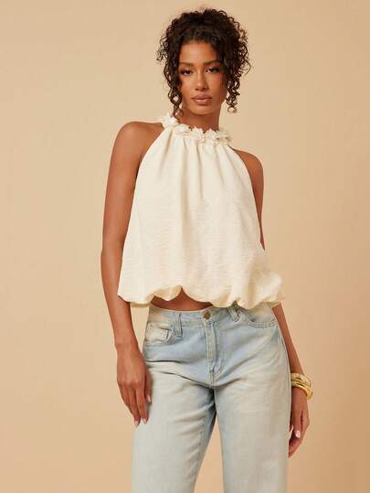 Travachic Women's Elegant Solid Color 3D Floral Decor Halter Top, Summer, Vacation Casual Terno For Women, Summer Holidays, Spring Breaks, Party, Beach, Spring , Valentine's Day, Carnival Costume, Elegant, Carnival, Spring To Summer , Party , Summer Top, Carnival Costume, Mexican Style Top Women Boho Top For Women