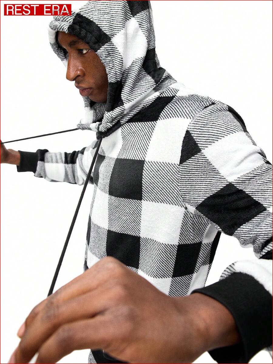 Bộ đồ ngủ nam bằng vải nỉ kẻ caro Giáng sinh 2 món, thích hợp cho mùa Thu/Đông. - Đen và trắng - Xem 1