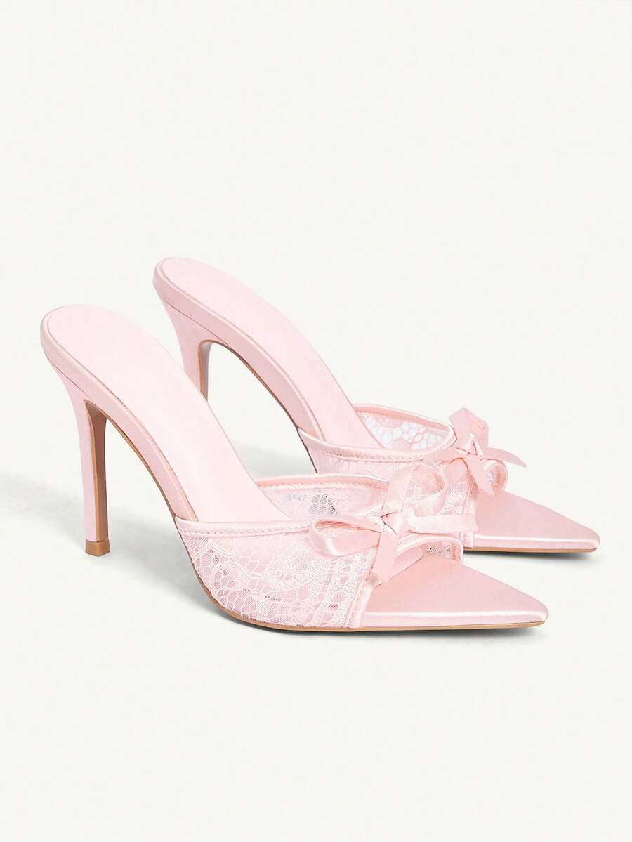 CUCCOO CHICEST Zapatos de mujer de satén rosa con encaje y malla, con elemento de lazo, moda primavera y verano, sexy tacón de aguja - Sardina rosa - Ver 1