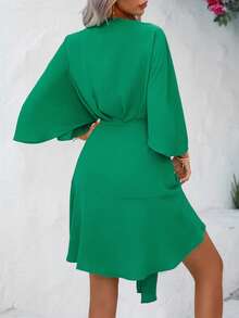 Breezaya Solid Batwing Sleeve Wrap Knot Side Dress Vacation Beach Outfits Women - Green - View 2